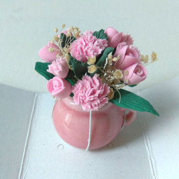 Цветы в керамическом горшке для кукольного дома Розовые/Желтые