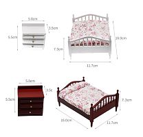 Кровать с тумбочками для кукол Махагон/Орех/Белый