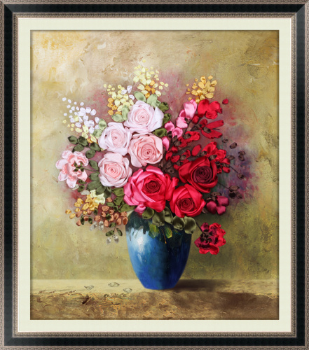 Набор для вышивки лентами Розы в синей вазе   - фото товара