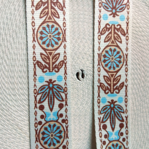 Лента ременная стропа 38 мм орнамент коричнево-голубой п/э | Галерея фото | Pava.pro Лента ременная стропа 38 мм орнамент коричнево-голубой п/э L-JUN045 - фото товара