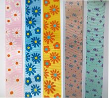 Лента репсовая 25 мм принт Ромашки и бабочки