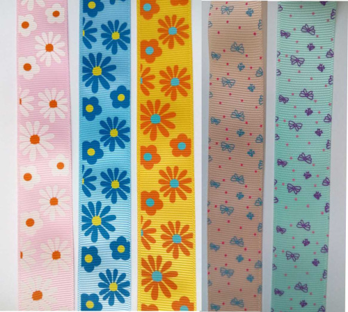 Лента репсовая 25 мм принт Ромашки и бабочки