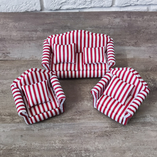 Мягкая мебель для кукол 2 кресла/диван Обивка полоска | Галерея фото | Pava.pro Мягкая мебель для кукол 2 кресла/диван Обивка полоска - фото товара