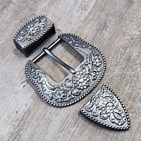 Комплект фурнитуры для ремня 38 мм со стразами Темное серебро  - купить для кожевенного хобби